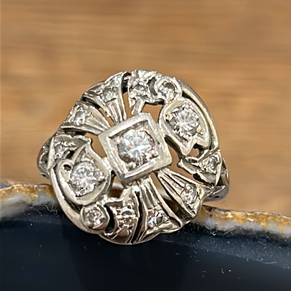 14k White Gold Genuine Mine-Cut Diamond Cluster Vintage Ring